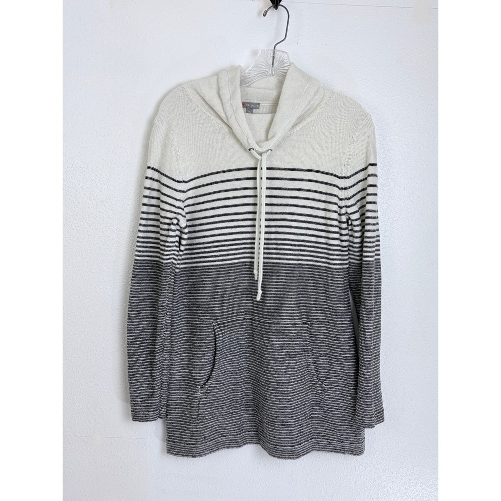 Talbots Striped Lambswool Blend Cowl Neck Hoodie Sweater Cream Black MP